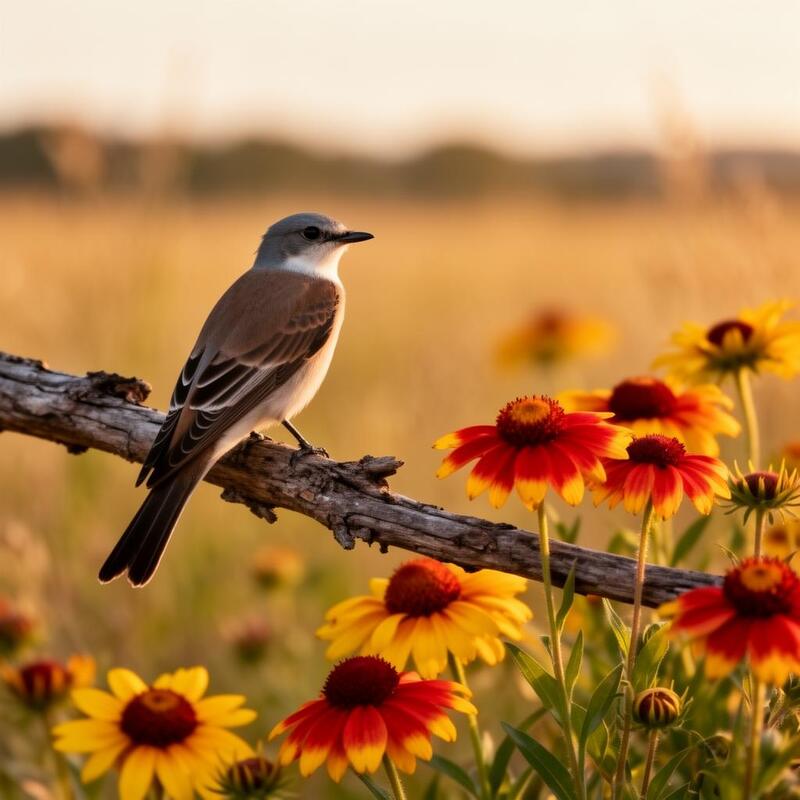 Scissortail flycatcher with Indian Blanket wildflowers