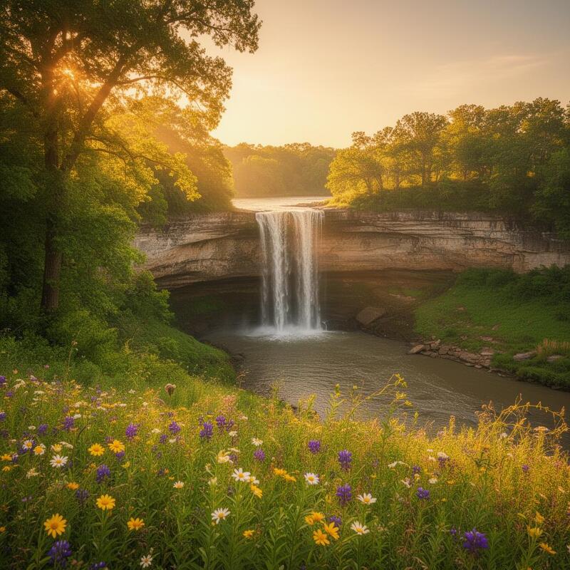 Turner Falls waterfall surrounded by Oklahoma wildflowers