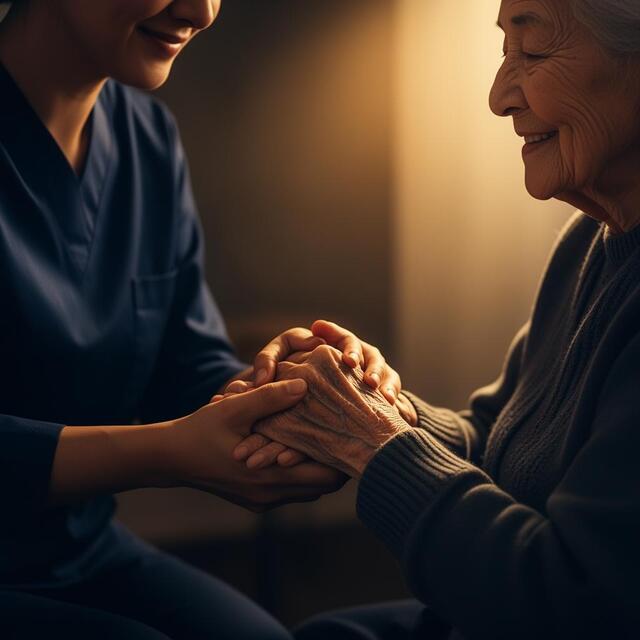 Caring person holding elderly hands with warmth and compassion