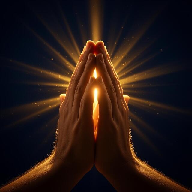 Praying hands bathed in golden light symbolizing faith over fear