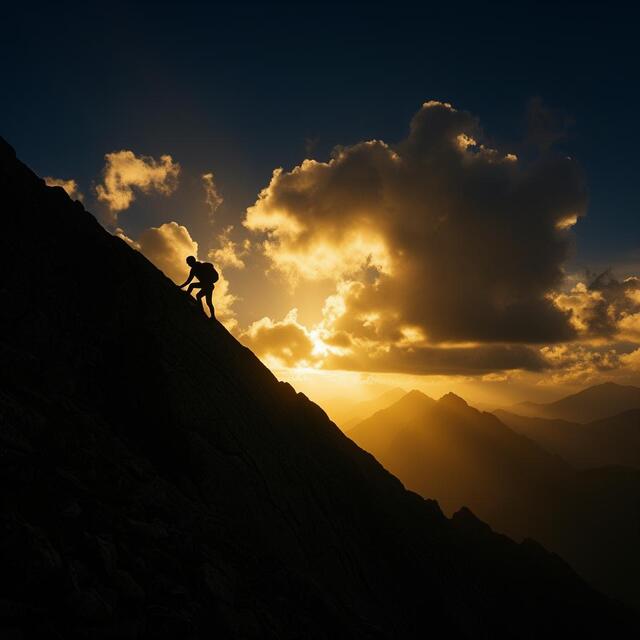 Silhouette climbing a mountain at golden hour symbolizing determination
