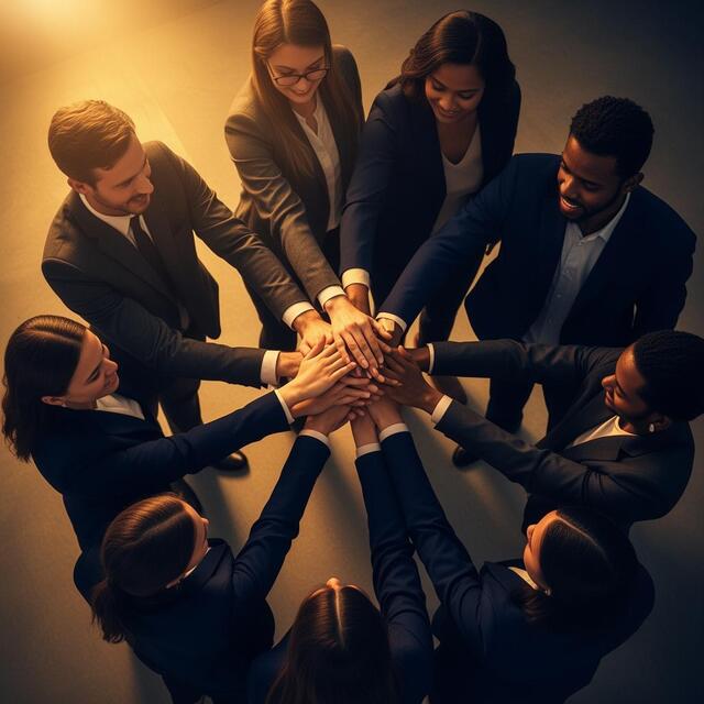 Team putting hands together in unity